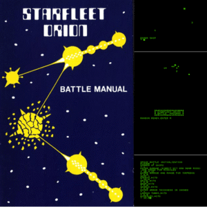Cover and gameplay screenshots from Starfleet Orion (1978), a science fiction strategy game by Automated Simulations. The manual cover features yellow star systems connected in a constellation pattern on a navy background. Screenshots show green-on-black grid-based battle displays and text-based status readouts.