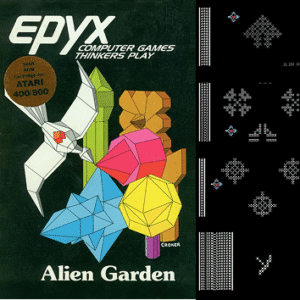 Epyx product box for Alien Garden, with four in-game screenshots.