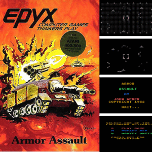 Product box from Epyx Armor Assault with a tank on the box and four in-game screenshots