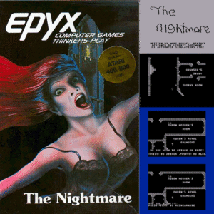 Cover and gameplay screenshots from The Nightmare (1982), a text-and-symbol-based strategy game by Epyx. The box features a screaming woman with glowing red eyes in gothic attire. Screenshots show ASCII-style room maps and typed combat prompts.