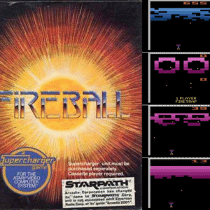 Cover and gameplay screenshots from Fireball (1982), a Starpath Supercharger game for the Atari VCS. The box features a metallic chrome logo over a blazing orange sunburst. Screenshots show Breakout-style paddle gameplay with various brick formations and one or two players in action.
