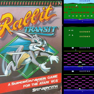 Cover and gameplay screenshots from Rabbit Transit (1983), a Starpath game for the Atari VCS Supercharger. The box shows a cartoon rabbit in motion against a metallic gradient background. Screenshots depict side-scrolling and obstacle-jumping gameplay across colorful platform stages.
