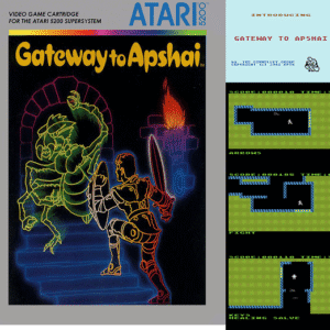Cover and gameplay screenshots from Gateway to Apshai (1983), an action dungeon crawler by Epyx. The cover shows a glowing warrior with a sword and shield facing off against a monstrous creature in a dungeon stairwell. Screenshots show top-down dungeon exploration and item pickups.