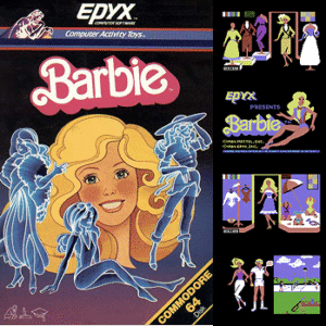 Barbie neon product box with four in-game screenshots including the splash screen.