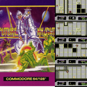 Cover and gameplay screenshots from Future Knight (1987), a sci-fi platformer distributed by Epyx. The box shows a silver-armored knight riding a robotic horse, blasting green alien creatures on a moonlit alien world. Six gameplay screenshots on the right depict side-scrolling action in metallic corridors.