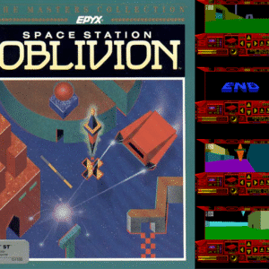 Cover and gameplay screenshots from Space Station Oblivion, a futuristic 3D puzzle-shooter by Epyx. The cover shows a stylized space station with hovering geometric structures and laser paths. Gameplay images on the right depict cockpit views navigating angular alien environments.