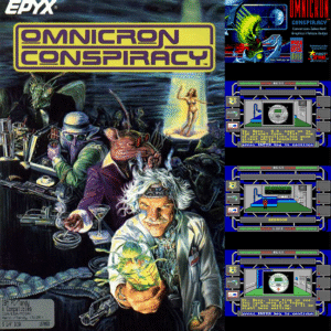 Cover artwork and gameplay screenshots from Omnicron Conspiracy (1989), a sci-fi detective adventure game by Epyx. The box art features a mad scientist holding an alien in a test tube, a humanoid rat in a suit, and other strange characters in a surreal laboratory setting.