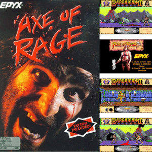 A somewhat terrifying Epyx Axe of Rage product box with four in-game screenshots, including some of the original version which was titled Barbarian II.