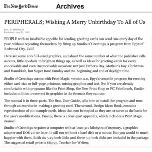 New York Times Article about Epyx Studio of Greetings