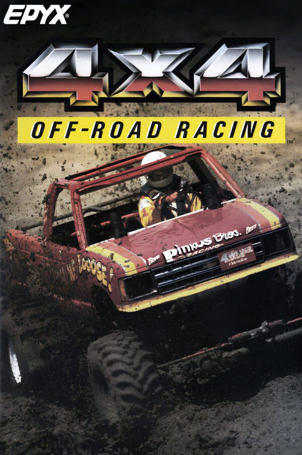 Cover art for Epyx's 4x4 Off-Road Racing, showing a red mud-covered truck barreling through thick dirt, driven by a racer in a white helmet and yellow racing gear.