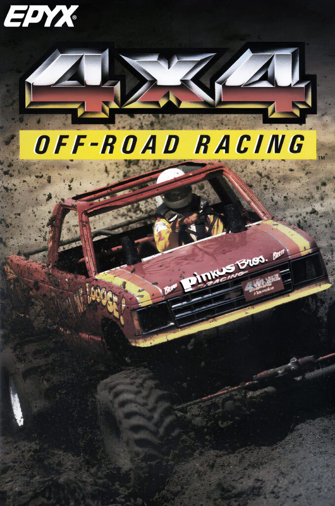Cover art for Epyx's 4x4 Off-Road Racing, showing a red mud-covered truck barreling through thick dirt, driven by a racer in a white helmet and yellow racing gear.
