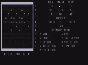 Computer screen showing a football field in ASCII characters and some play options
