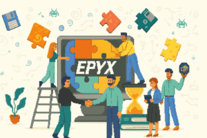 Retro-style picture of various people assembling a computer monitor with the EPYX logo via giant puzzle pieces.