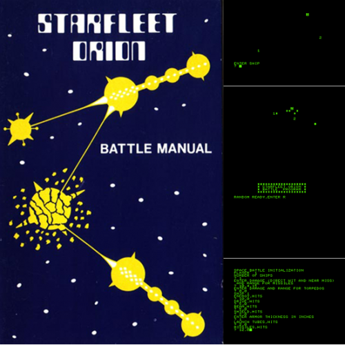 Cover and gameplay screenshots from Starfleet Orion (1978), a science fiction strategy game by Automated Simulations. The manual cover features yellow star systems connected in a constellation pattern on a navy background. Screenshots show green-on-black grid-based battle displays and text-based status readouts.