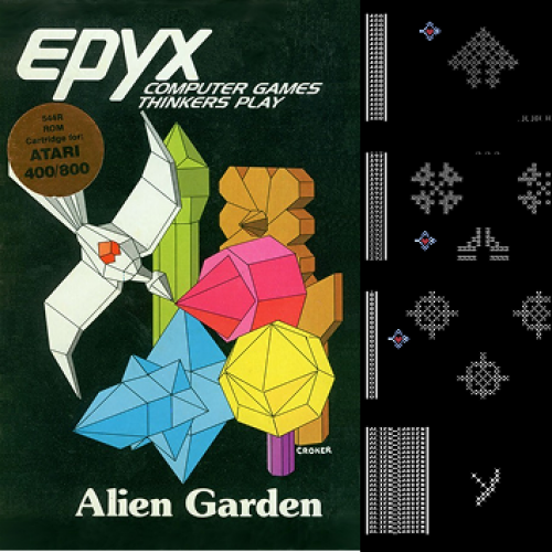 Epyx product box for Alien Garden, with four in-game screenshots.