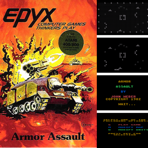 Product box from Epyx Armor Assault with a tank on the box and four in-game screenshots