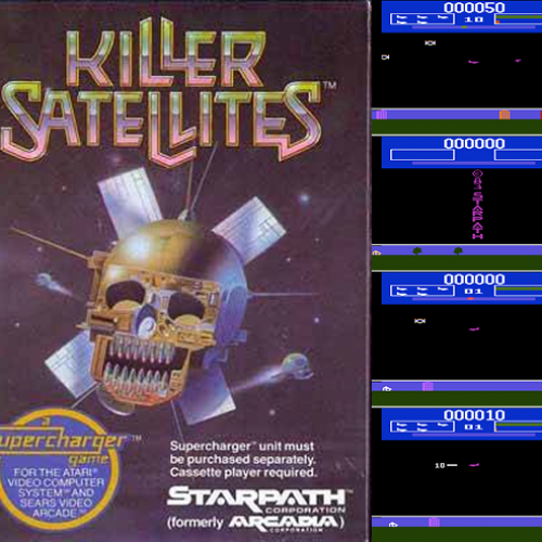 Cover and gameplay screenshots from Killer Satellites (1983), a Starpath Supercharger game for the Atari VCS. The box features a golden skull-shaped satellite in orbit. Gameplay screenshots show side-scrolling shooting action inside narrow corridors and tracking scores at the top of the screen.