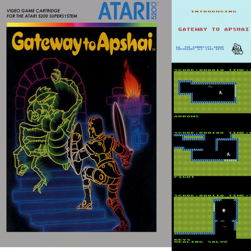 Cover and gameplay screenshots from Gateway to Apshai (1983), an action dungeon crawler by Epyx. The cover shows a glowing warrior with a sword and shield facing off against a monstrous creature in a dungeon stairwell. Screenshots show top-down dungeon exploration and item pickups.