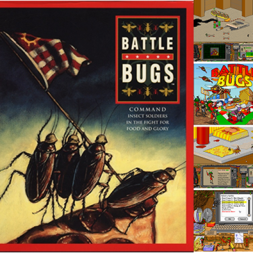 Epyx Battle Bugs product box with four in-game screenshots.