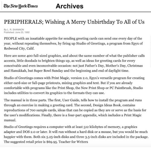 New York Times Article about Epyx Studio of Greetings