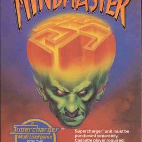 Box art for Escape from the Mindmaster (1982), a Starpath Supercharger game for the Atari VCS. The cover shows a green-skinned humanoid with glowing eyes, and a glowing maze embedded in his head, symbolizing mental entrapment.