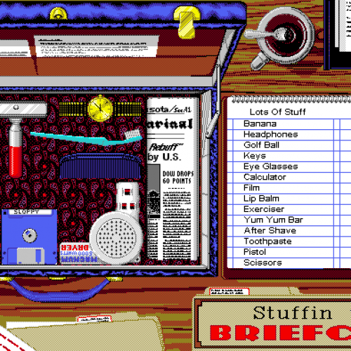 Gameplay screenshot from Stuffin the Briefcase, a hidden-object puzzle game from Epyx’s Getaway Laptop Entertainment 6-Pack. The screen shows a cluttered briefcase filled with everyday objects, alongside a checklist of items to find.